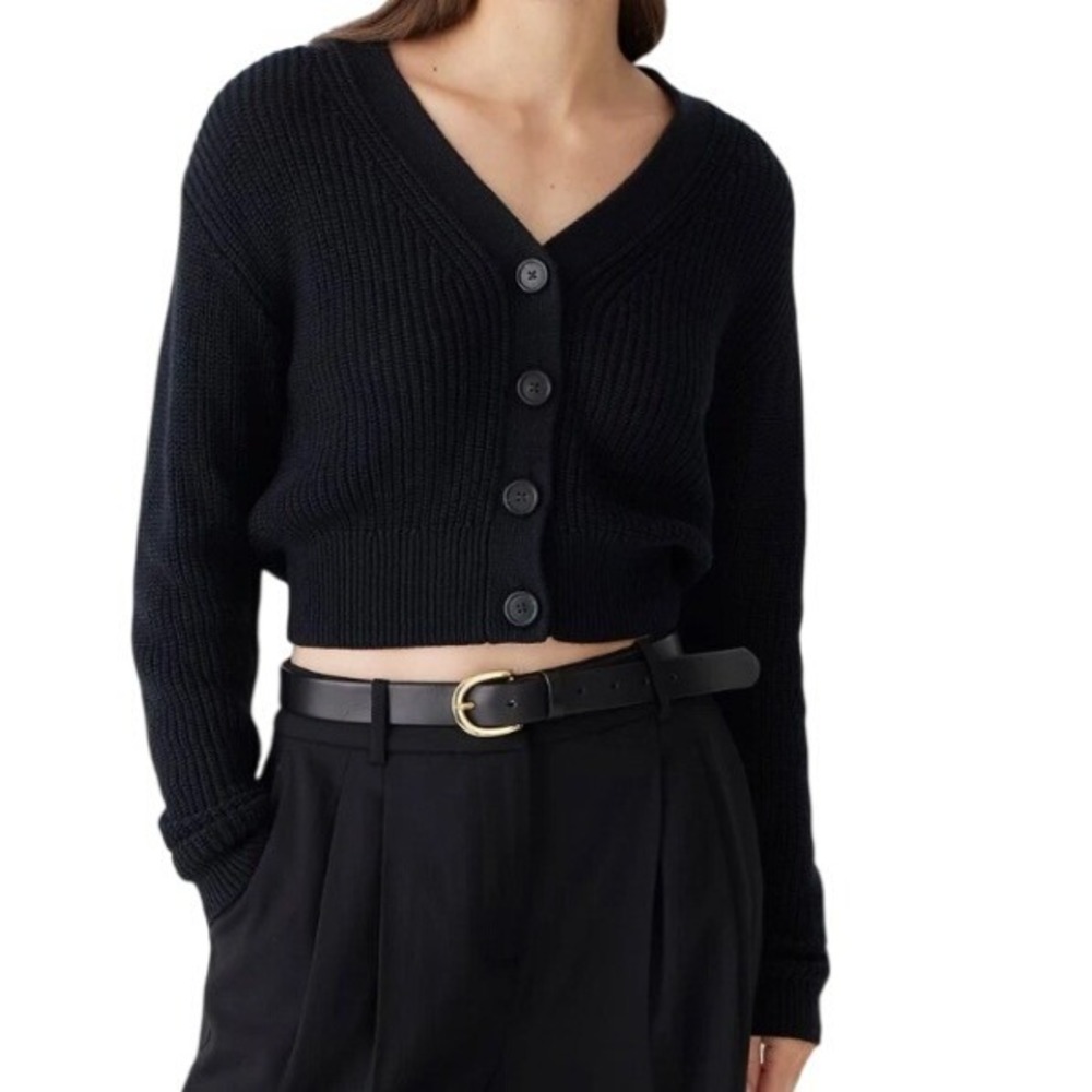 J.Crew Cotton Cashmere Shaker Knit Cropped Cardigan Womens M Black